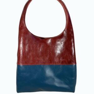 Sac bicolore bleu canard et rouge en cuir vue de face